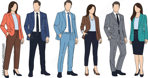 Business people in formal attire illustration, professional men and women office wear, corporate fashion characters, modern flat design isolated
