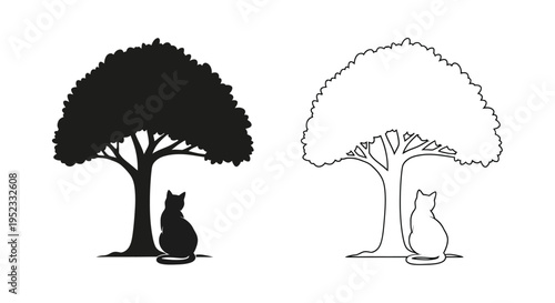 Contrasting trees and cats a black and white illustration