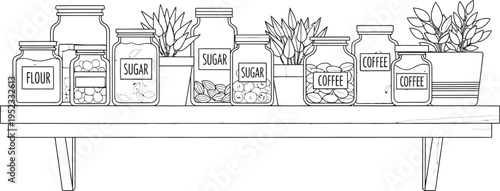 Line art illustration showcasing organized pantry storage with labeled jars of flour sugar and coffee beans on a shelf