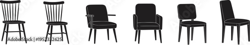 Chair, furniture, silhouette, set, modern, interior, seat, armchair, wooden, dining, office, home, decor, icon, vector, illustration, isolated, collection, style, living.