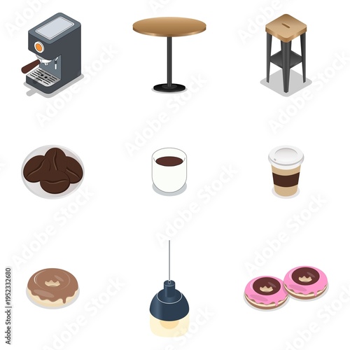 Complete Isometric Cafe and Barista Equipment Set with Espresso Machine Coffee and Snacks