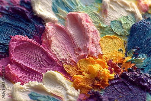 Wallpaper Mural Close-up of vibrant oil paint strokes in various hues pink, yellow, blue, and white, creating an abstract textured surface Torontodigital.ca