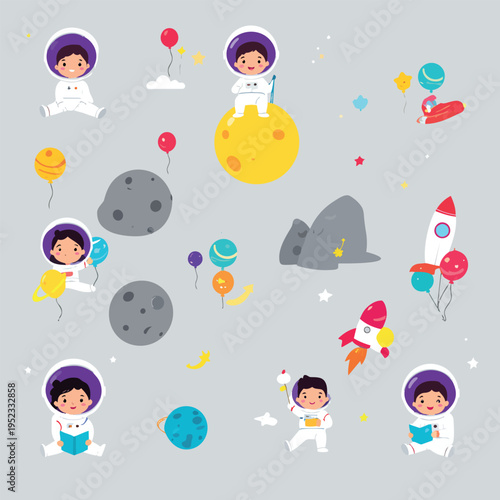 Astronauts' Playful Universe: Adorable astronauts explore a whimsical cosmos, floating amidst planets, stars, and colorful balloons. Playful scene of space exploration.