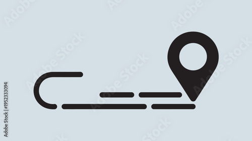 A minimalist icon of a location pin attached to a curved line with dashes on a light gray background