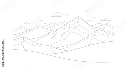 Striking black and white line art illustration of majestic layered mountain range peaks against the sky