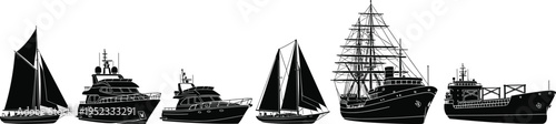 Ship, boat, silhouette, set, maritime, vessel, sailing, yacht, cargo, transport, ocean, nautical, icon, vector, illustration, isolated, marine, collection, transport, industry.