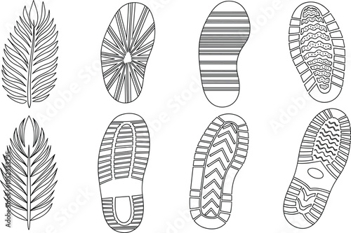 Shoe sole tread patterns, leaf feather designs, footwear texture icons, forensic footprint study, abstract vector illustration, creative design set