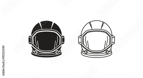 Two astronaut helmets a black silhouette and a white line drawing