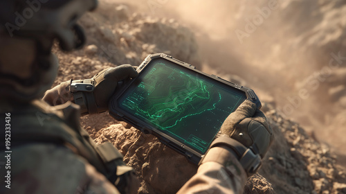 Soldier using tablet the screen showing a glowing green topographic map and data.