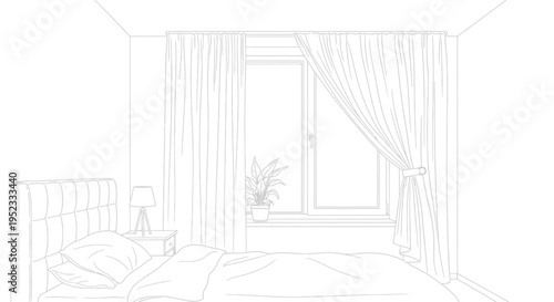 Outline drawing of a cozy bedroom interior featuring a comfortable bed, a nightstand with a lamp, and a window with drapes.