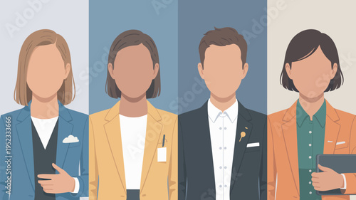 A diverse group of four business professionals standing together in a row, each wearing different colored blazers and smiling confidently.