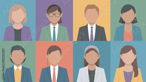 A diverse group of cartoon business professionals standing together in a grid formation with colorful backgrounds.