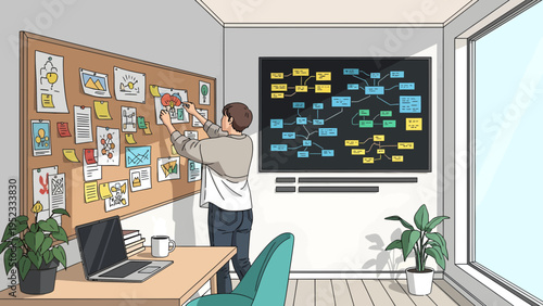 Person organizing ideas on a large corkboard.