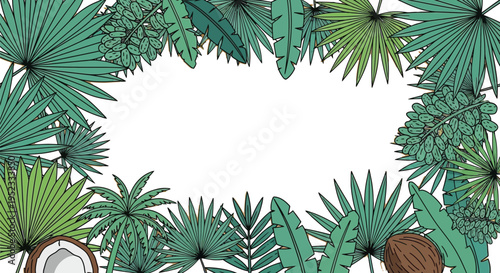 Tropical border featuring lush green palm leaves and coconuts framing a vibrant yellow background space for text
