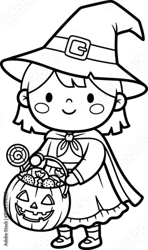 Charming line art of a happy young girl in a witch costume, holding a pumpkin bucket filled with candy, perfect for Halloween trick-or-treating and autumn holiday themes.
