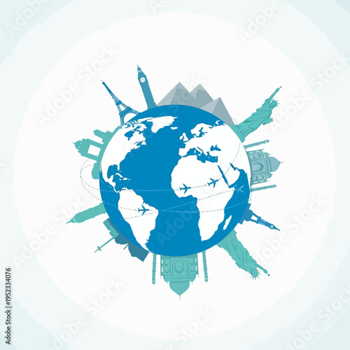 Global Travel Concept: Earth with Landmarks and Airplanes Flying Around