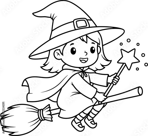 Charming Line Art Illustration of a Little Witch Joyfully Flying on Her Broomstick with a Sparkling Magic Wand, Perfect for Halloween or Fantasy-Themed Projects