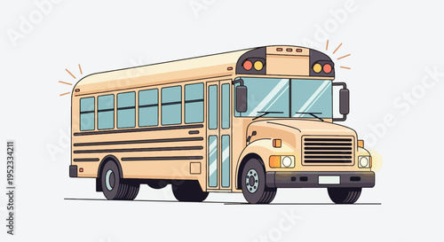 A cartoon-style school bus, light yellow, with flashing lights and detailed design