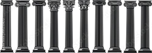 Classic ancient columns set, Greek Roman architecture pillars, vintage engraved style illustration, historical building elements isolated on white background design