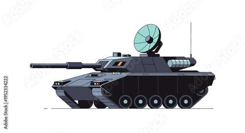 Stylized, detailed side view of a tank, featuring a large gun, radar dish, and antenna
