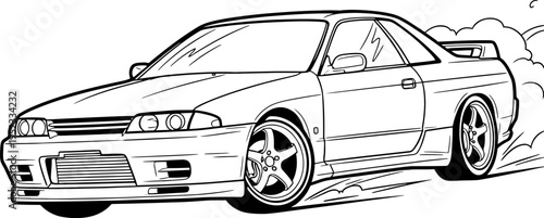 Dynamic monochrome illustration capturing a powerful coupe mid-drift, with smoke from its tires, embodying automotive excitement, speed, and precision maneuverability.