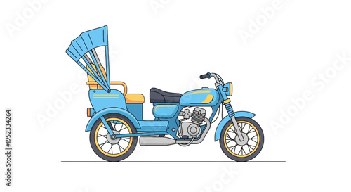 A blue, three-wheeled motorized vehicle with a canopy, cartoon-style, on a white background