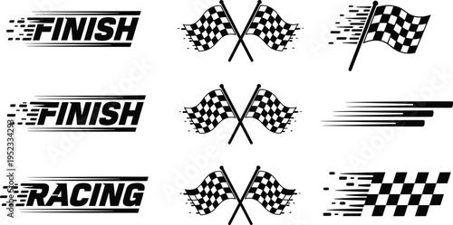 racing, finish, flag, checkered, speed, motorsport, competition, race, track, victory, banner, black, vector, illustration, isolated, design, symbol, fast, motion, collection