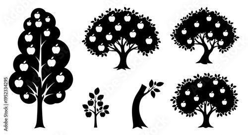 Apple Tree Silhouettes Collection: Orchard Fruit Harvest Icons