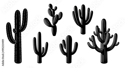 Black Silhouette Cactus Collection Isolated on White Background