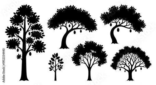 Black Silhouette Fruit Trees Collection Isolated on White Background