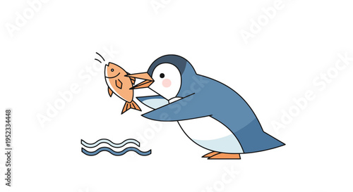 A cartoon penguin with blue, white, and orange, eating a fish with water lines below