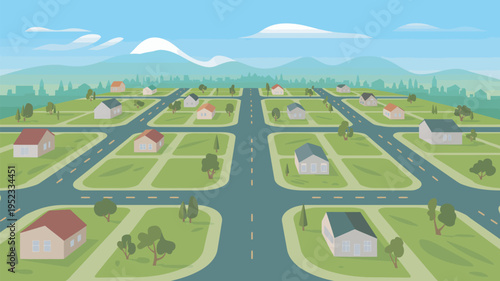 A serene suburban neighborhood with houses and trees surrounded by mountains under a blue sky