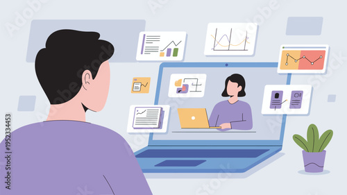 A man and woman collaborate on a project using laptops and analyzing data in a virtual meeting.