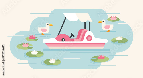 Flat vector illustration a pink and white boat on a lake with ducks and lily pads