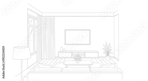 Simple black and white line art drawing depicting a modern living room interior setup for relaxation and entertainment.