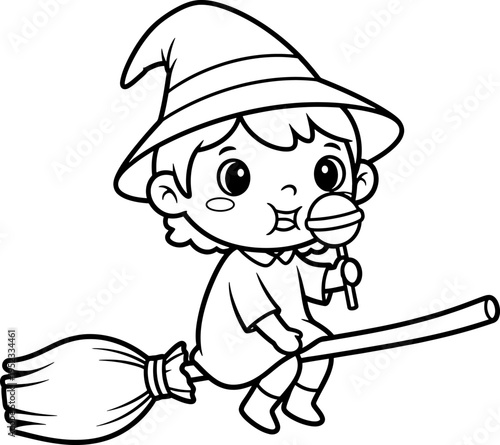 Adorable little witch character flying on a broomstick, happily enjoying a sweet lollipop, ideal for children's Halloween designs, printables, and spooky season projects.
