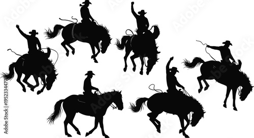 Cowboy riding horse silhouettes set, rodeo action collection with lasso, western lifestyle illustration, ranch riders isolated black design