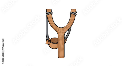 A cartoon illustration of a slingshot. It has a wooden frame, and rubber bands, with a pouch