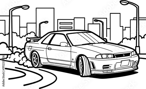 Dynamic sports coupe in a thrilling urban drift, showcasing speed and agility against a backdrop of city buildings and streetlights. Perfect line art illustration for coloring enthusiasts.