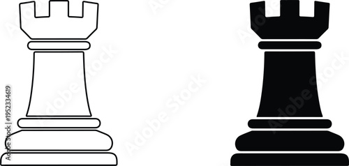 Rook chess pieces, one white and one black in simple line art style