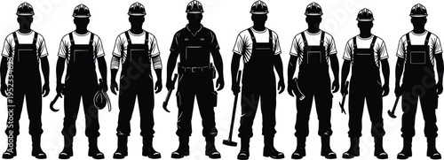 construction, workers, silhouettes, builder, engineer, labor, tools, helmet, industry, team, safety, uniform, black, vector, illustration, isolated, people, equipment, workforce, collection