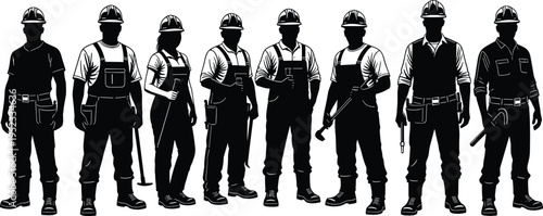 construction, workers, silhouettes, builder, engineer, labor, tools, helmet, industry, team, safety, uniform, black, vector, illustration, isolated, workforce, equipment, people, set