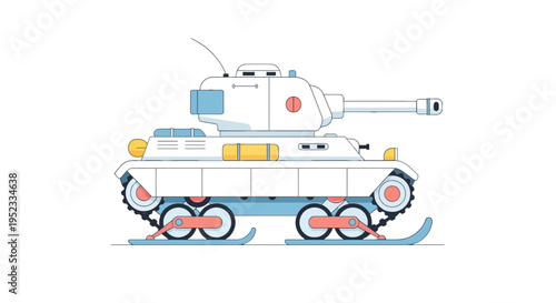 A stylized white tank with blue and red accents, on skis, with a long cannon