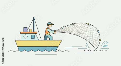 A cartoon fisherman on a boat casting a net into the sea