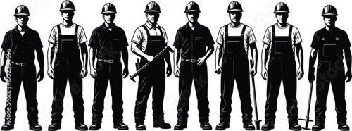 construction, workers, silhouettes, builder, engineer, labor, tools, helmet, industry, team, safety, uniform, black, vector, illustration, isolated, workforce, equipment, people, collection