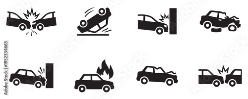 Road accident icons with car crash collision breakdown and fire symbols vector set