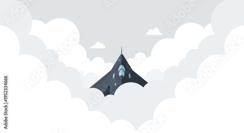 A stylized stealth bomber flies through fluffy white clouds in a minimalist illustration