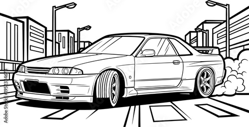 Dynamic illustration of a custom sports coupe drifting powerfully on a city street, capturing the essence of speed and urban car culture with a sleek design.