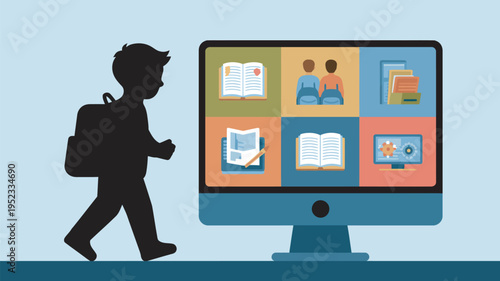A student walking towards a computer with educational icons on the screen for online learning.