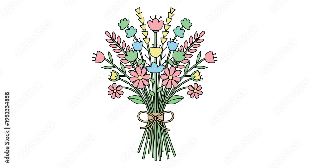 Obraz premium A colorful floral illustration featuring a bouquet of flowers tied with a bow